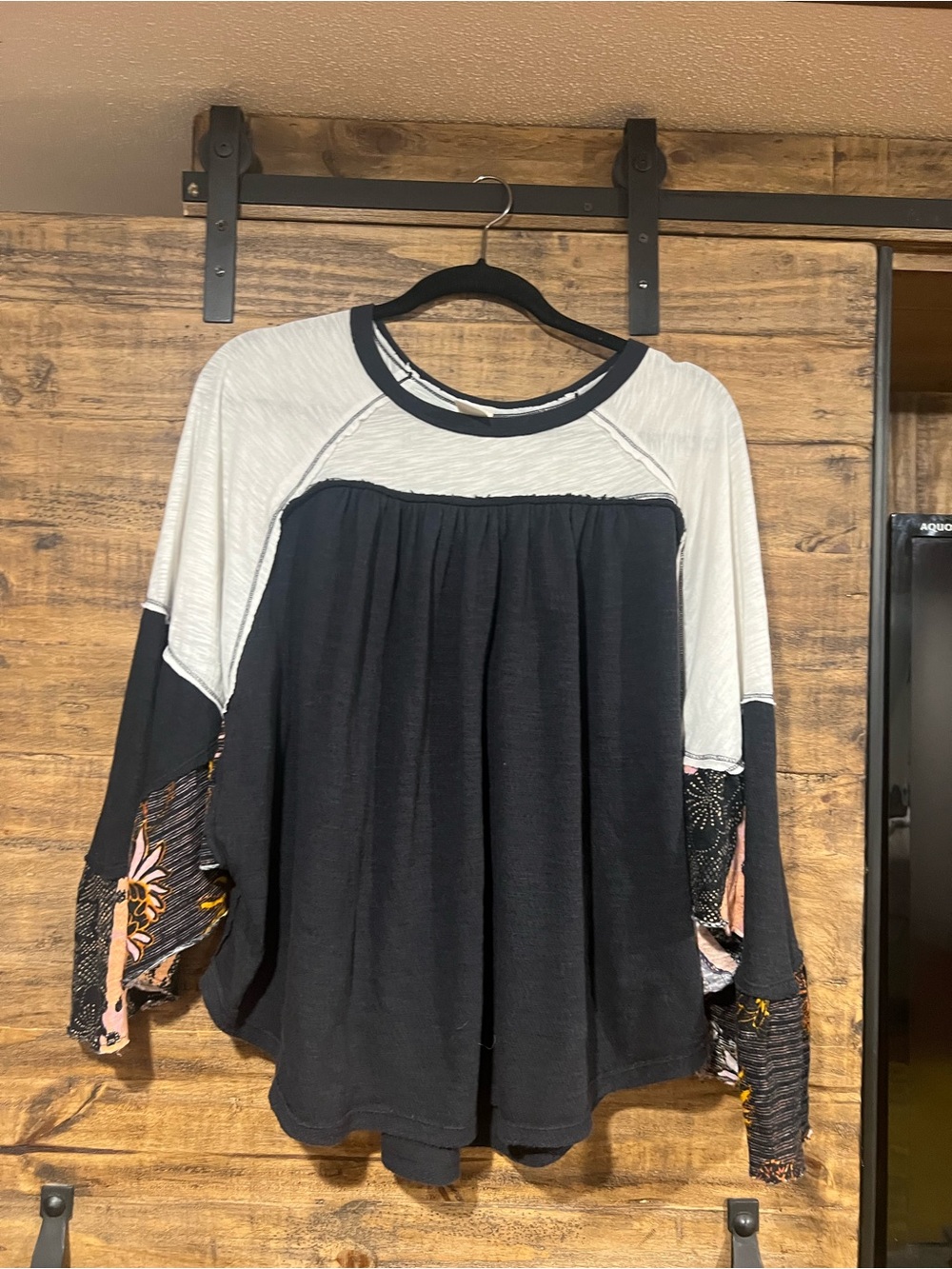 Free People Black and Cream Raglan Peasant Top with Printed Sleeves